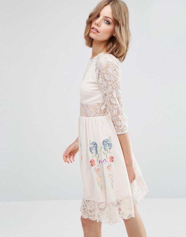 Asos Premium Skater Dress With Lace Sleeves And Neon Embroidery - Cream