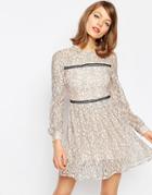 Asos Mini Lace Skater Dress With Ladder Trim - Nude