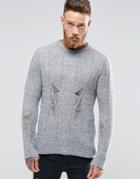 Asos Cable Sweater With Laddering - Gray