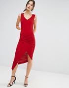Liquorish Red Sleeveless Asymmetric Ruched Dress With V Neck - Red