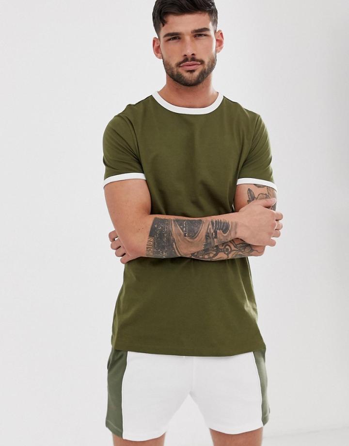 Asos Design Organic T-shirt In Khaki With White Contrast Ringer-green