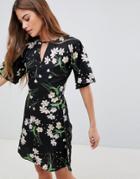 Daisy Street Dress With Split Neck Detail In Blossom Print - Black