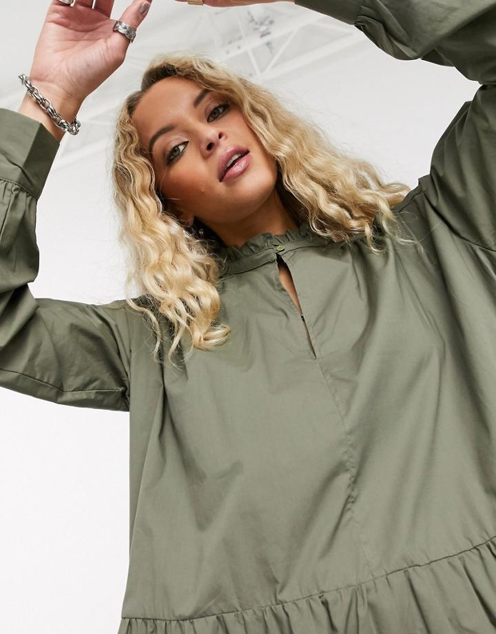 Only Tiered Midi Dress With High Neck In Khaki-green