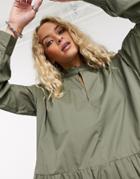 Only Tiered Midi Dress With High Neck In Khaki-green