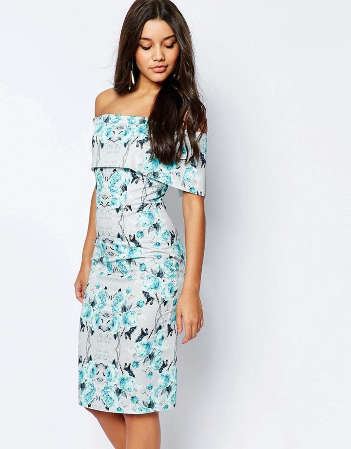 Asos Off The Shoulder Bardot Midi Pencil Dress In Gray And Blue Floral-multi