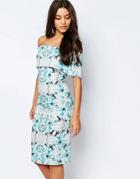 Asos Off The Shoulder Bardot Midi Pencil Dress In Gray And Blue Floral-multi
