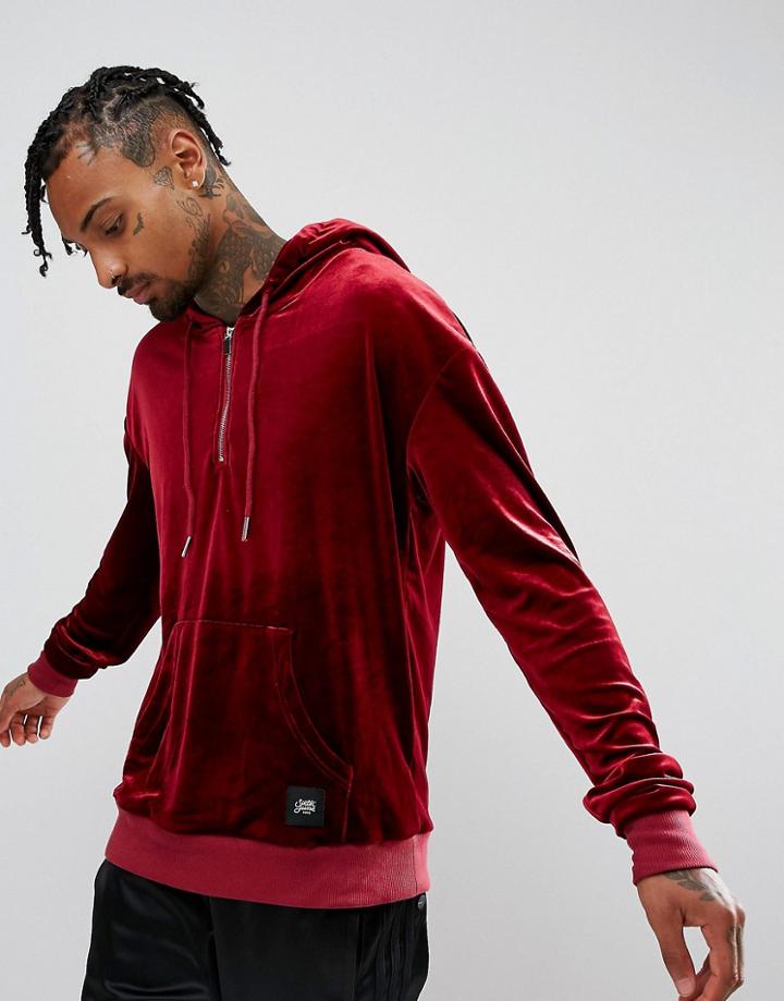 Sixth June Oversized Hoodie With Half Zip In Burgundy Velour - Red