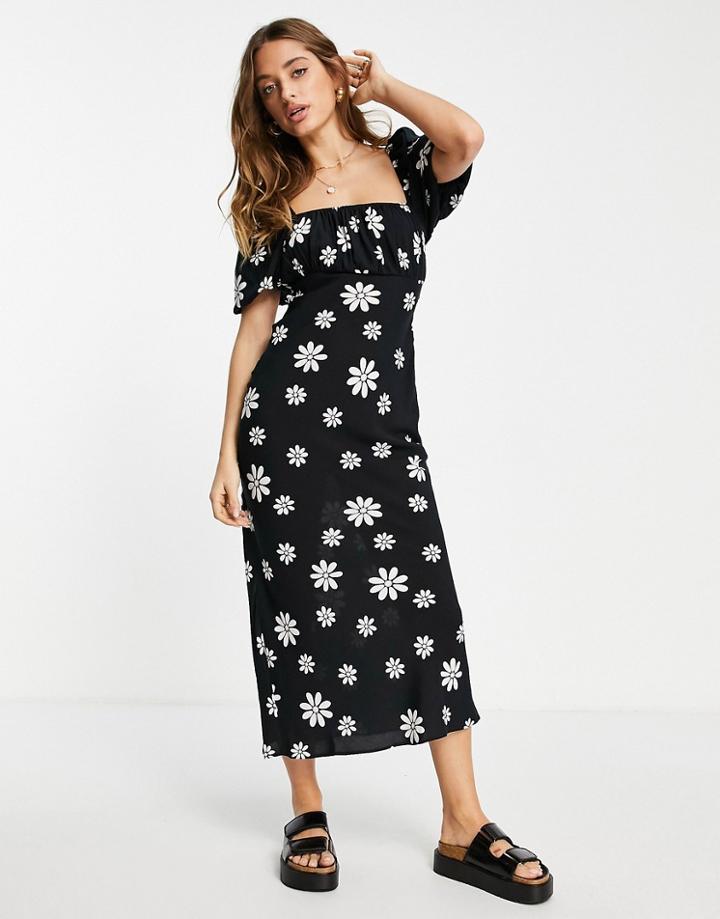 Asos Design Square Neck Midi Dress With Elastic Detail In Mono Daisy Floral-multi