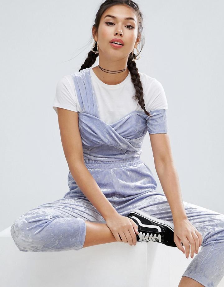 Asos Velvet Crop Top With One Shoulder - Blue