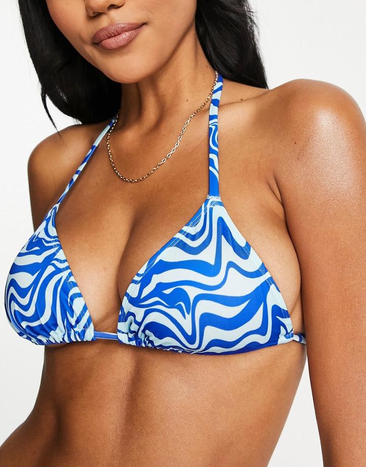 Monki Triangle Bikini Top In Blue Wavy Print