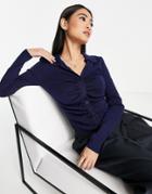 Mango Fine Knit Button Front Top With Ruching Detail In Black