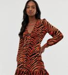 Asos Design Tall Button Through Skater Mini Dress With Pep Hem In Tiger Print-multi