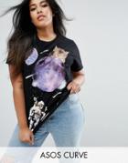 Asos Curve T-shirt With Space Cat Print - Black