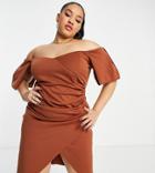 Asos Design Curve Sweetheart Neckline Wrap Tuck Off The Shoulder Midi Dress In Red-brown