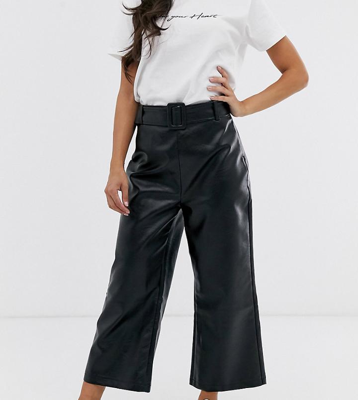 Fashion Unioin Petite Wide Leg Crop Pants With Belt Detail In Pu-black