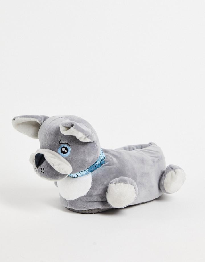 Asos Design Zanny French Bulldog Slippers In Gray