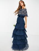 Beauut Bridesmaid Embellished Bardot Maxi Dress With Tiered Tulle Skirt In Navy