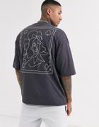 Asos Design Oversized Longline T-shirt With Back Embroidery And Small Chest Print In Heavyweight Jersey-gray