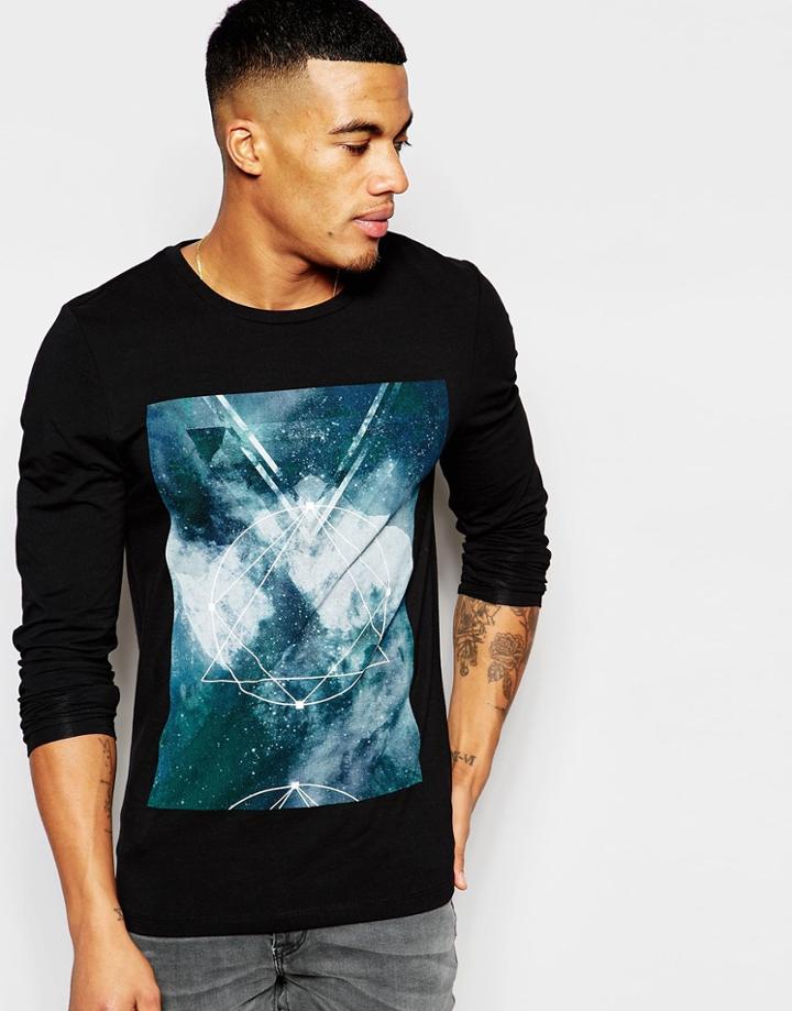 Asos Muscle Long Sleeve T-shirt With Space Print - Black