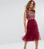 Needle & Thread High Neck Midi Tulle Dress With Embroidery And Embellishment - Red