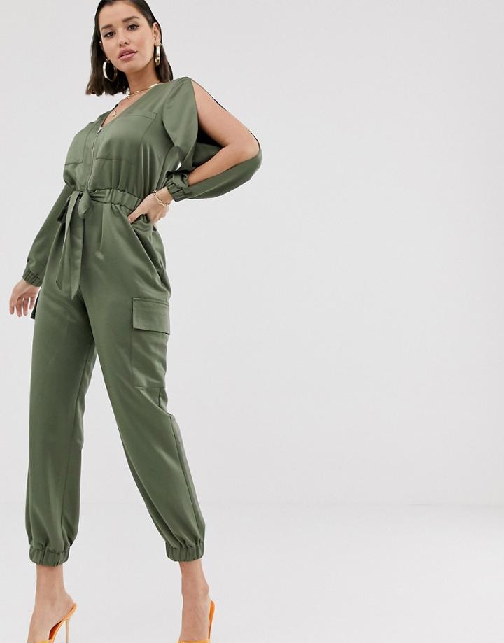 Asos Design Satin Boiler Jumpsuit With Split Sleeve Detail-green