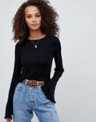 Asos Design Wide Sleeve Top In Rib With Lettuce Hem Detail - Black