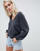 Asos Design V Neck Sweater With Balloon Sleeve-gray