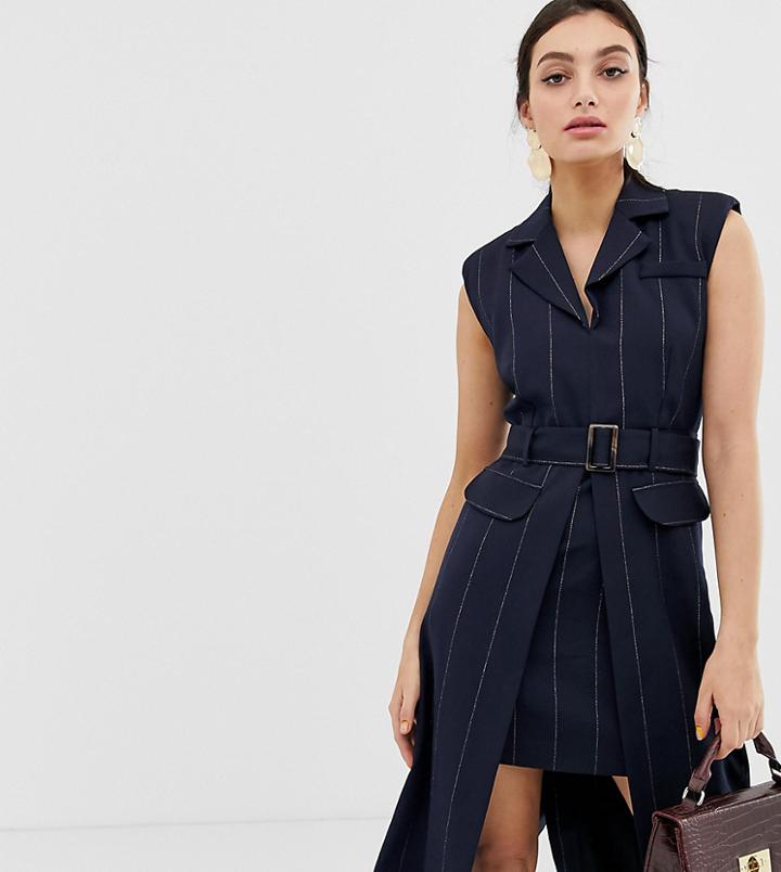 River Island Tailored Dress With Belt In Pinstripe - Multi