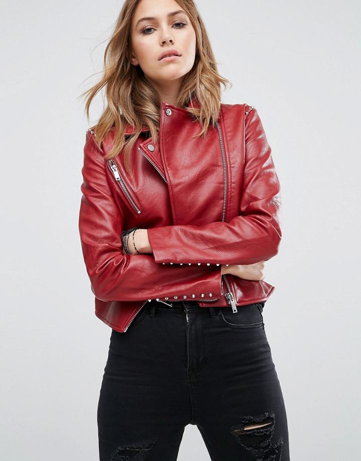 Mango Stud Detail Leather Look Biker Jacket - Red