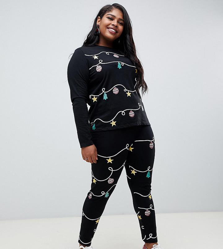 Asos Design Curve Two-piece Christmas Lights Print Glitter Leggings - Black