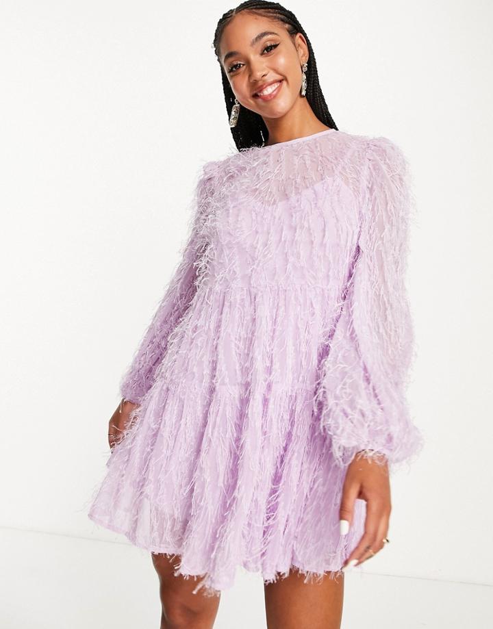 Asos Design Tiered Mini Dress In Fluffy Texture In Lilac-purple