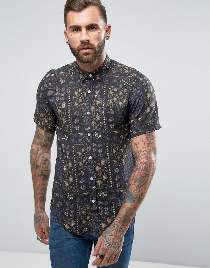 Asos Regular Fit Viscose Shirt With Vintage Print - Black