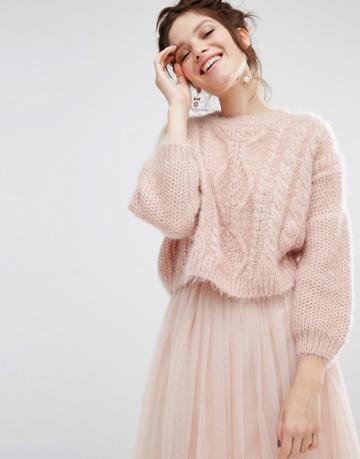 Willow And Paige Relaxed Cable Knit Sweater - Pink