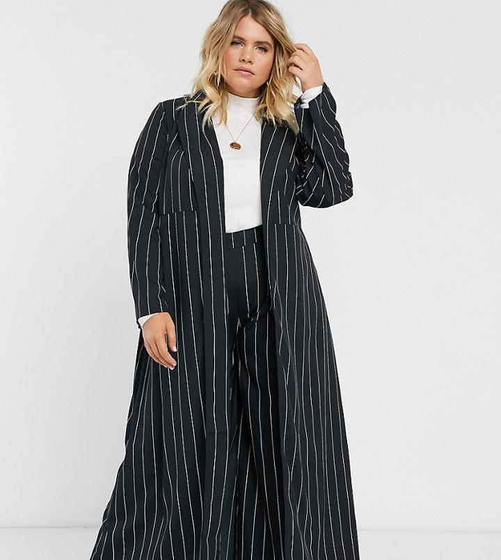 Verona Curve Maxi Duster Jacket In Pin Stripe-black