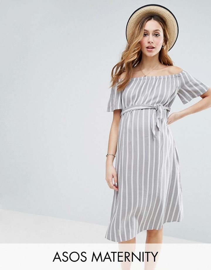Asos Maternity Cotton Stripe Off Shoulder Belted Midi Dress - Multi
