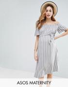 Asos Maternity Cotton Stripe Off Shoulder Belted Midi Dress - Multi