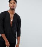 Asos Design Tall Longline Regular Fit Sheer Shirt With Deep V Neck In Black - Black
