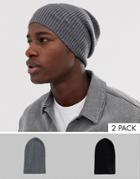 Asos Design 2 Pack Slouchy Beanie In Gray And Black In Recycled Poly Save-multi