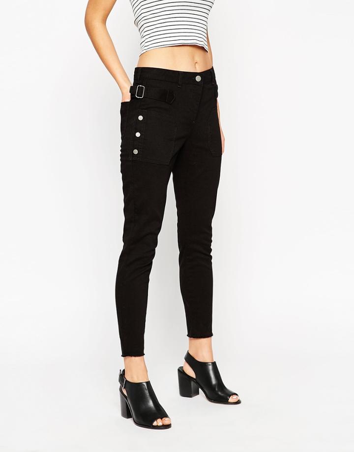 Asos High Waist Skinny Pants With Buckle Detail - Black