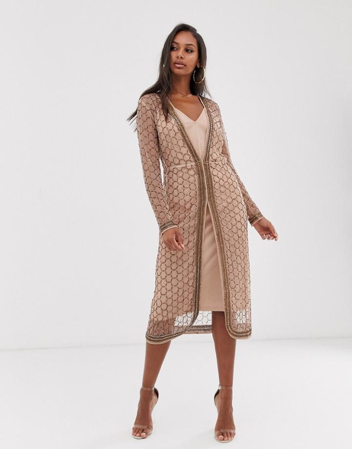 Asos Design Embellished Bronze Robe Midi Dress-pink