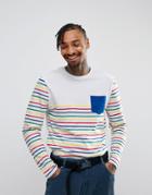 Asos Longline Long Sleeve T-shirt With Multi Color Stripe - White