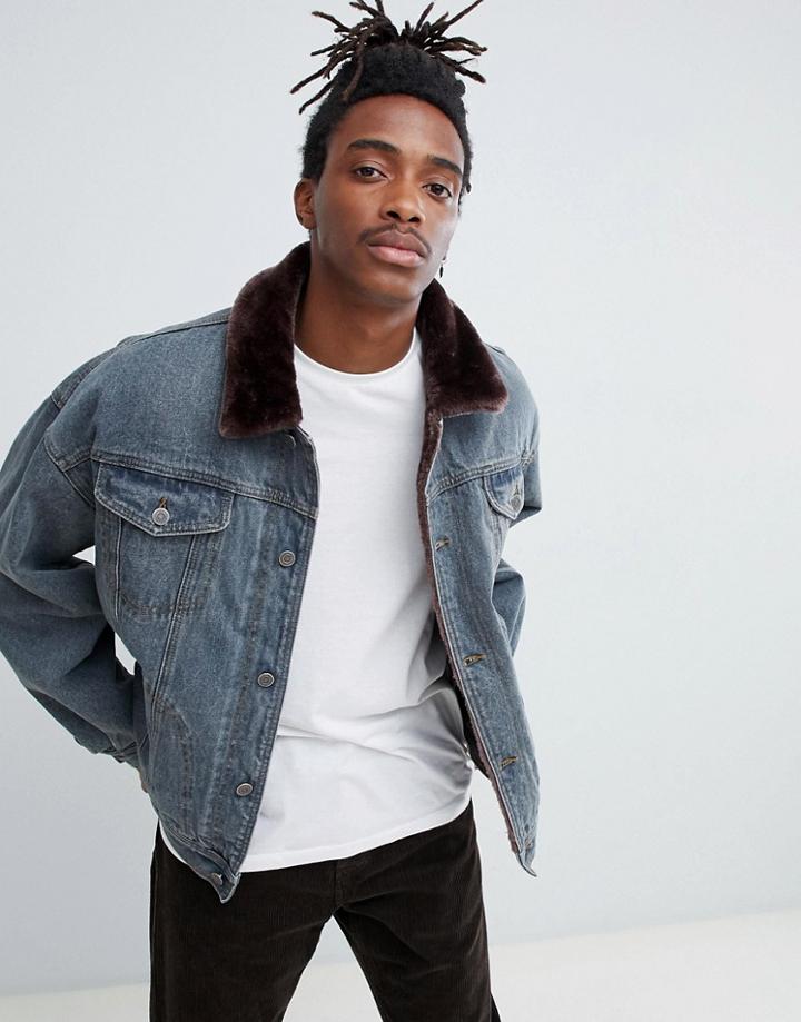 Asos Design Faux Fur Lined Oversized Denim Jacket In Blue Wash - Blue