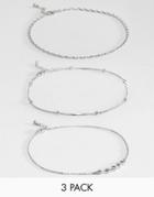 Asos Pack Of 3 Fine Chain Anklets - Silver