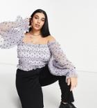 Lace & Beads Plus Exclusive Off Shoulder Tulle Top In Lilac Polka Dot-purple