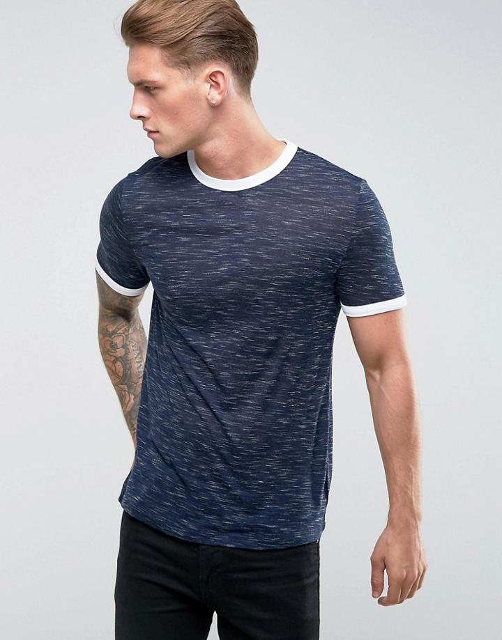 Asos T-shirt In Inject Fabric With Contrast White Rib On Neck And Cuff - Navy