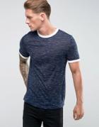 Asos T-shirt In Inject Fabric With Contrast White Rib On Neck And Cuff - Navy