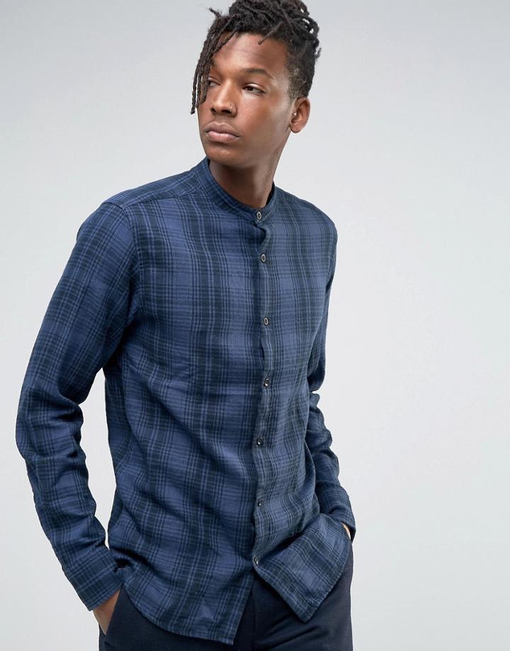 Selected Homme Checked Shirt With Grandad Collar In Regular Fit - Navy