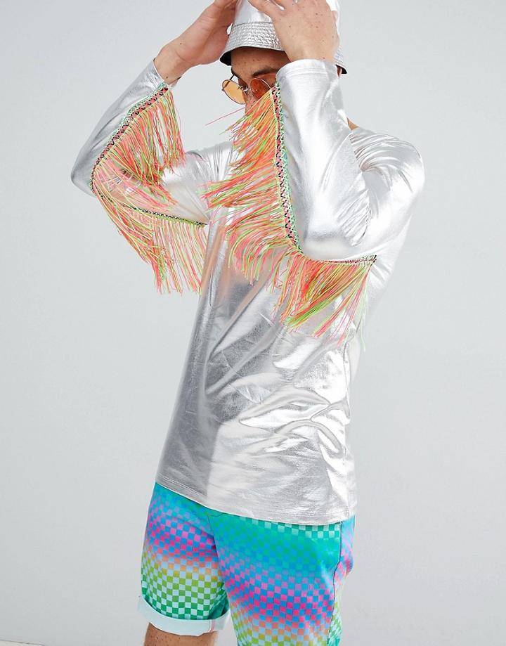 Asos Design Festival Longline Long Sleeve T-shirt In Metallic With Rainbow Fringing Sleeves - Silver