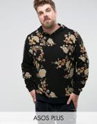 Asos Plus Hoodie With Japanese Floral Print - Black