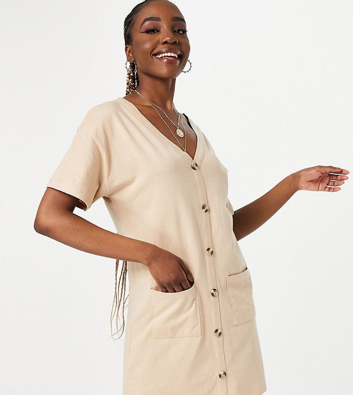 Asos Design Tall Button Through T-shirt Dress In Camel-brown